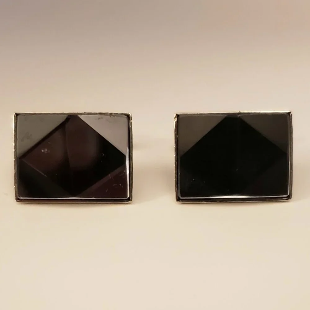 Vintage Silvertone Angled Mirrored Metal Cufflinks Faceted Geometric Rectangular
